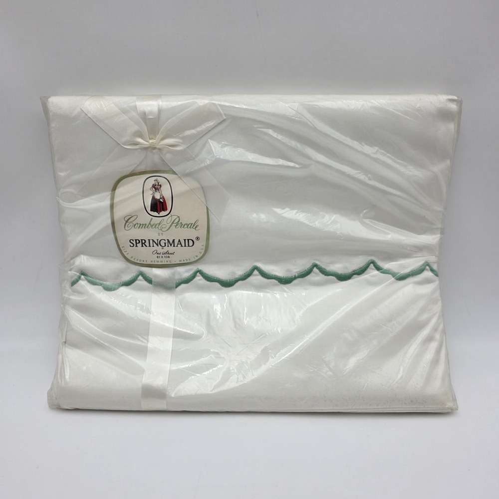 SPRINGMAID COMBED PERCALE VTG FLAT SHEET 81" X 108" WHITE/GREEN NEW‎ OLD STOCK